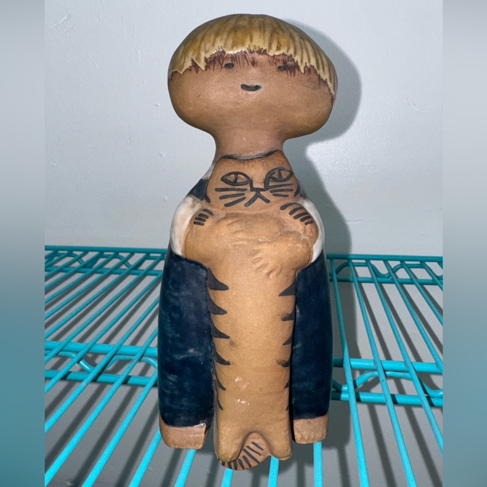 Vintage Lisa Larson Figurine Pelle Scandinavian Gustavsburg Sweden Boy With Cat